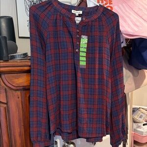 BearPaw Red and Navy Plaid Button-Front Henley Shirt